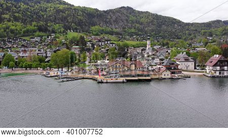 Aerial View Of A Mountain Lake Wolfgangsee And Coastline With Beauty Houses Of A Resort Town In Aust