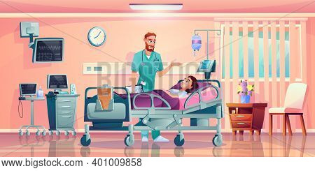 Doctor Talking To Patient In Hospital Bed With Dropper, Hospital Operation Ward Cells. Vector Room I