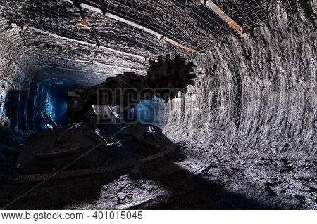 Shearer Drill Head In A Coal Mine. Extraction Of Coal By Underground Method.
