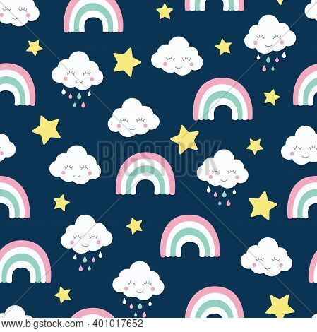 Clouds Rainbow And Strars Seamless Pattern. Kids And Baby Cartoon Blue Design For Print And Fabric.