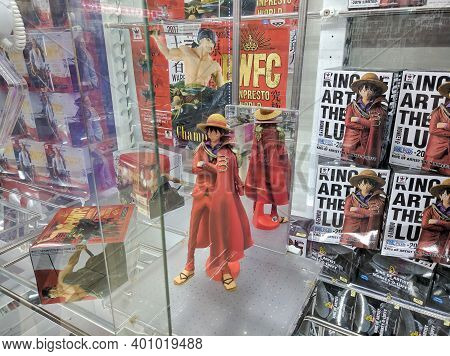 Tokyo, Japan - April 3, 2018: Japanese Man Pirate Figurine For Sale In A Toy Store. Model: One Piece