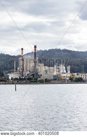 Pontevedra, Spain; October 15, 2020: Ence Paper Mill Factory View On Ria De Pontevedra, Galicia Spai