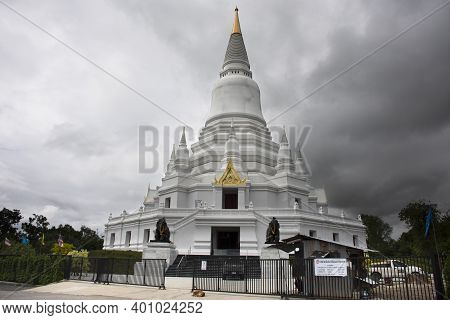 Big White Chedi Or Large Stupa Of Wat Amphawan Temple For Thai People Travel Visit Respect Praying A