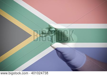 Flag Of South Africa Illustrating Campaign For Global Vaccination Against Covid-19. Epidemic Virus