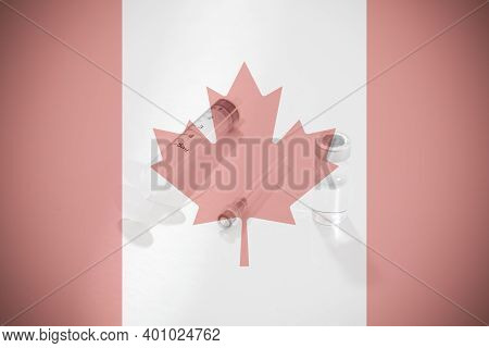 Flag Of Canada Illustrating Campaign For Global Vaccination Against Covid-19. Epidemic Virus
