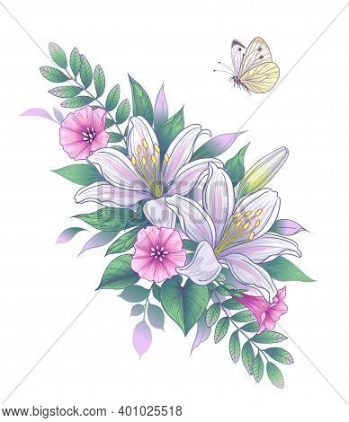 Hand Drawn Bunch With White Lily Flowers, Pink Convolvulus And Flying Butterfly Isolated On Blank Ba