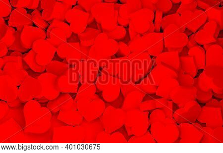 Valentine Day Design Concept In Minial Style. Love Background. Heap From Many Small Red Hearts. 3d R