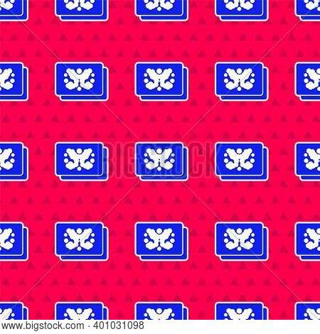Blue Rorschach Test Icon Isolated Seamless Pattern On Red Background. Psycho Diagnostic Inkblot Test