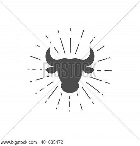Bull Head With Sunburst. Cartoon Cow Silhouette Inside Rays Isolated On A White Background. Vector I
