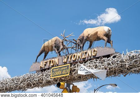 Afton, Wyoming - August 6, 2020: Famous Elk Antler Arch In The Downtown Area Of The Town In The Star