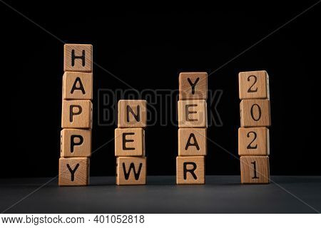 Happy New Year 2021 Phrase Made Of Cubes, Holidays Celebration, Festive Greeting Cards, Postcard, St