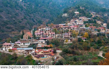 Beautiful Mountain Village Of Oikos In Autumn, Nicosia District Troodos Mountains Cyprus.