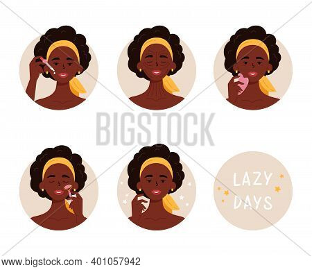 African American Woman With Bottle Of Face Oil, Facial Gua Sha Stone And Roller. Instructions For Fa