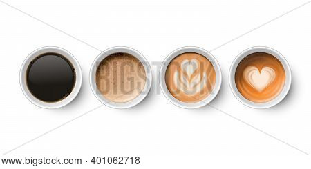 Vector 3d Realistic Paper White Disposable Coffee Cup, Milk Coffee And Foam Set Isolated On White. E
