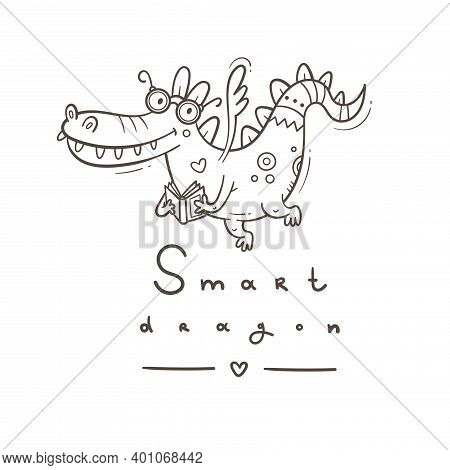Card With A Cute Smart Dragon. Funny Crocodile Print. Reading Reptile Poster. Vector Doodle Line Art