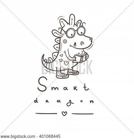 Card With  Cute Cartoon Smart Dragon. Funny Crocodile Print. Reading Reptile Poster. Vector Doodle L