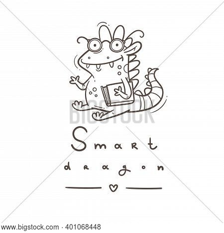 Card With  Cute Cartoon Smart Dragon. Funny Crocodile Print. Reading Reptile Poster. Vector Doodle L