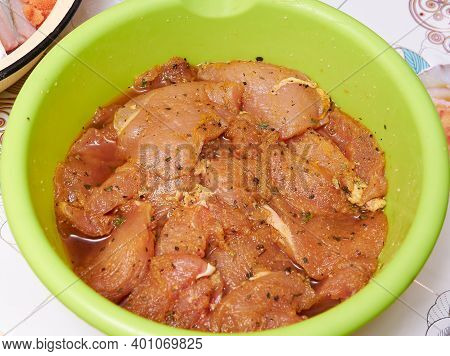 Raw Chicken Thinly Sliced Slices In A Marinade With , Sottilissime. Sottilissime In A Marinade. Diet