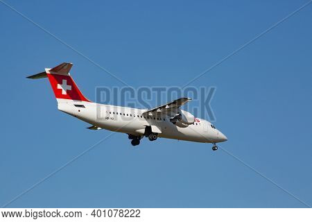 ZURICH - JULY 18: Avro Jumbolino Swiss landing in Zurich after short haul flight on July 18, 2015 in Zurich, Switzerland. Zurich airport is home for Swiss Air and one of biggest european hubs.