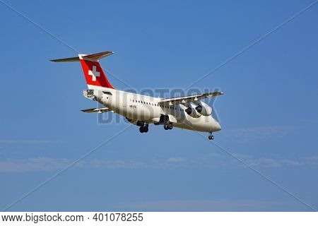 ZURICH - JULY 18: Avro Jumbolino Swiss landing in Zurich after short haul flight on July 18, 2015 in Zurich, Switzerland. Zurich airport is home for Swiss Air and one of biggest european hubs.