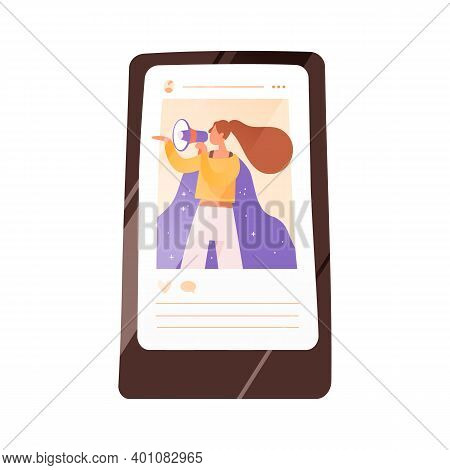 Screen Of Smartphone With A Social Network Post Of Woman Activist Vector Flat Illustration. Internet