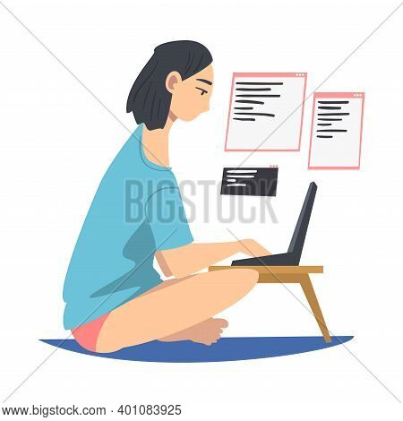 Woman As Software Developer Or Programmer Engaged In Coding In Server-side Framework On Laptop Vecto