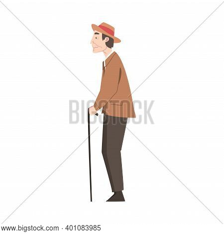 Side View Of Elderly Man With Walking Cane Standing And Waiting Cartoon Style Vector Illustration
