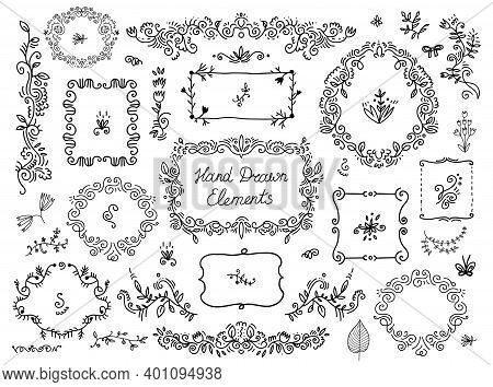 Vector Set Of Floral Doodle Grames, Dividers, Handdrawn Elements