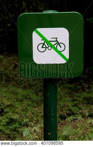 Signal Forbidden The Use Of The Bicycle. Raso De La Bruma. Garajonay National Park. La Gomera. Canar
