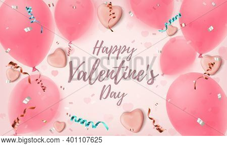 Happy Valentines Day Background. Abstract Pink Greeting Card Template With Candy Hearts, Balloons, K