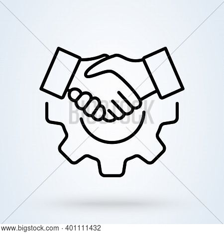 Human, Technology And Handshake Sign Line Icon Or Logo. Cyber Physical Systems Concept. Online Partn