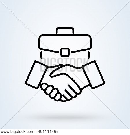 Human, Technology And Handshake Sign Line Icon Or Logo. Cyber Physical Systems Concept. Online Partn