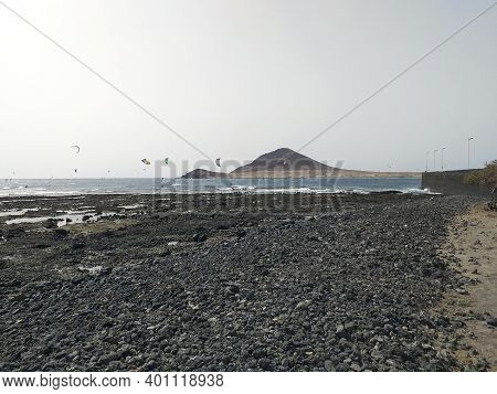 El Medano Bay - Popular Kiteserfing And Windsurfing Spot. Spain, Canary Islands, Tenerife. Windsurfi