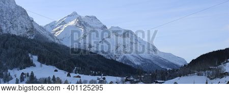 Panoramic Image Of Mount Oldenhorn. Coll Du Pillon Mountain Pass.