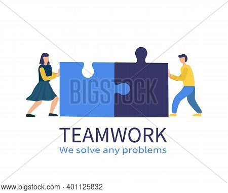People Connect The Parts Of The Puzzle. Business Concept Of Teamwork. Successful Cooperation And Par