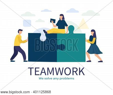 People Connect The Parts Of The Puzzle. Business Concept Of Teamwork. Successful Cooperation And Par