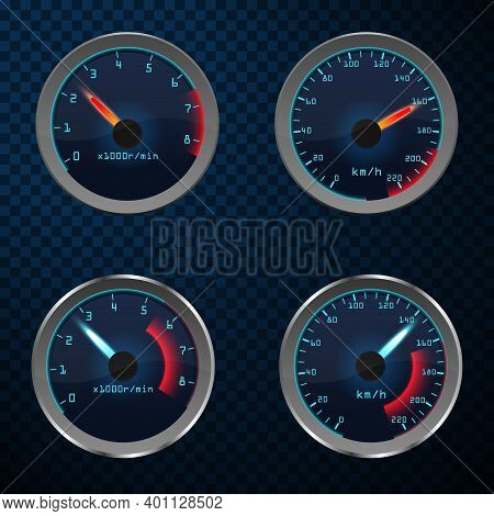 Set Of Isolated Car Or Moto, Truck Speedometer. Realistic Sensor Panel With Arrows.