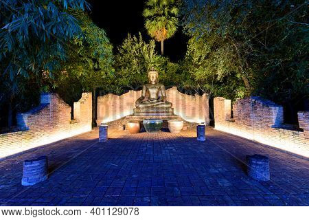 Rachaburi,thailand - 18 Decemmber, 2020: Lighting Decorate On Buddha Statue In Lighting Festival Sho