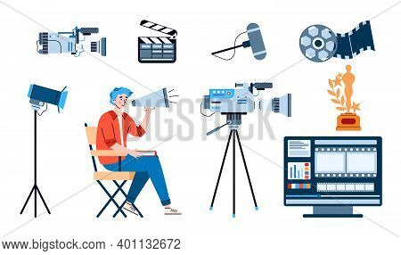 Director With Loudspeaker And Professional Movie Equipment For Cinema Entertainment Film Production 