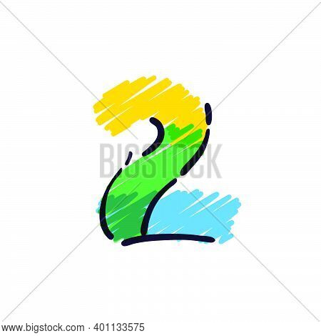 Number Two Logo Hand Drawn With A Colored Pencils. Perfect Vector Childish Font For A School Style C