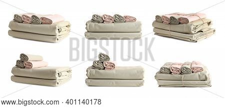 Set With Stacks Of Clean Bed Linen On White Background. Banner Design
