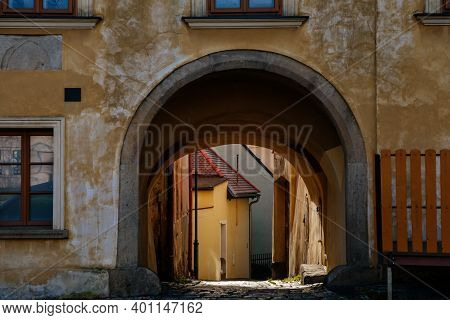 Narrow Passageway, Arched Passage, Picturesque Street With Colorful Buildings In Historic Center, Re