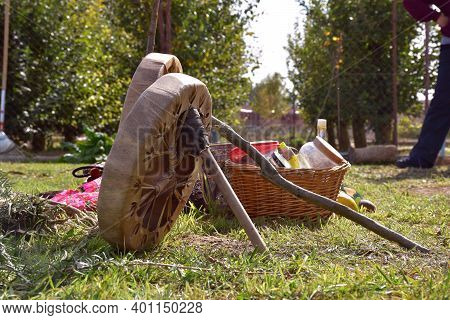 Leather Drums With Their Sticks And Basket With Aromatic Plants And Offerings For The Temazcal.
