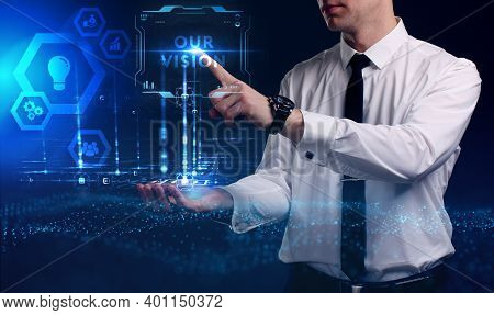 Business, Technology, Internet And Network Concept. Young Businessman Working On A Virtual Screen Of