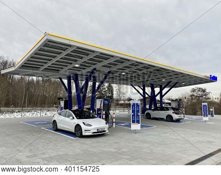 Rutesheim, Germany - December 27, 2020: The Newly Opened Electric Vehicle Charging Station Operated 