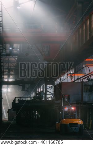 Metallurgical Factory Interior. Industrial Manufacturing. Steel Production Plant