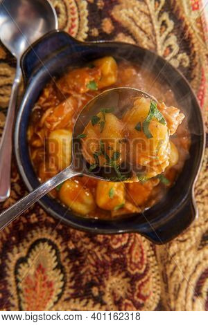 Hungarian Chicken Paprikash With Gnocchi Potato Dumplings And Parsley Garnish