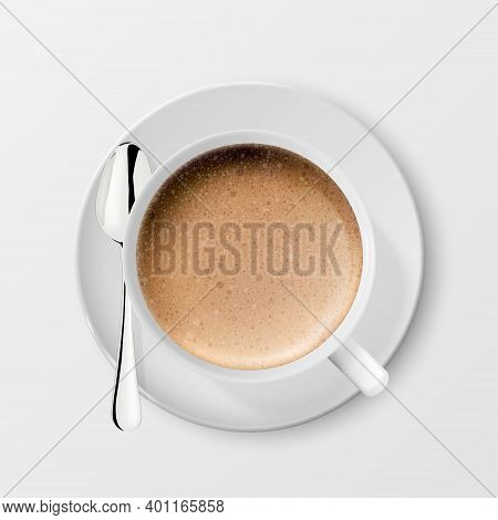 Vector 3d Realistic White Porcelain Ceramic Mug, Milk Coffee, Foam And Steel Silver Spoon Isolated O