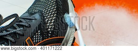Washing The Dirty Sneakers. Cleaning Running Shoe Outsoles.