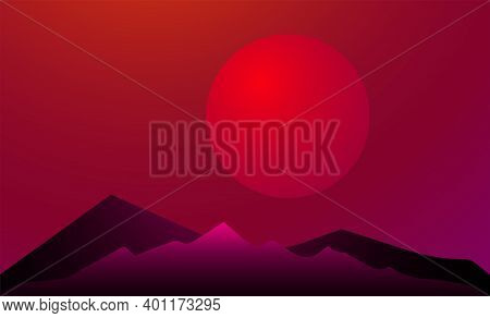 Sun And Mountains Vector Template For Posters And Banners Landscape Of Mountain Peaks With Bright So
